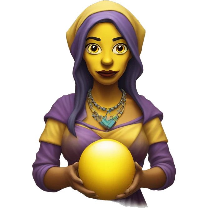 YELLOW COLORED SKIN female fortune teller in simpsons style front view holding a ball  emoji