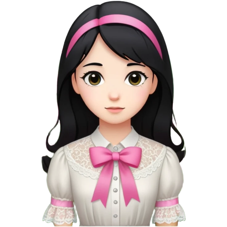  A girl with straight hair, a pink ribbon in her hair, and a white lace blouse, standing in a blooming garden. emoji