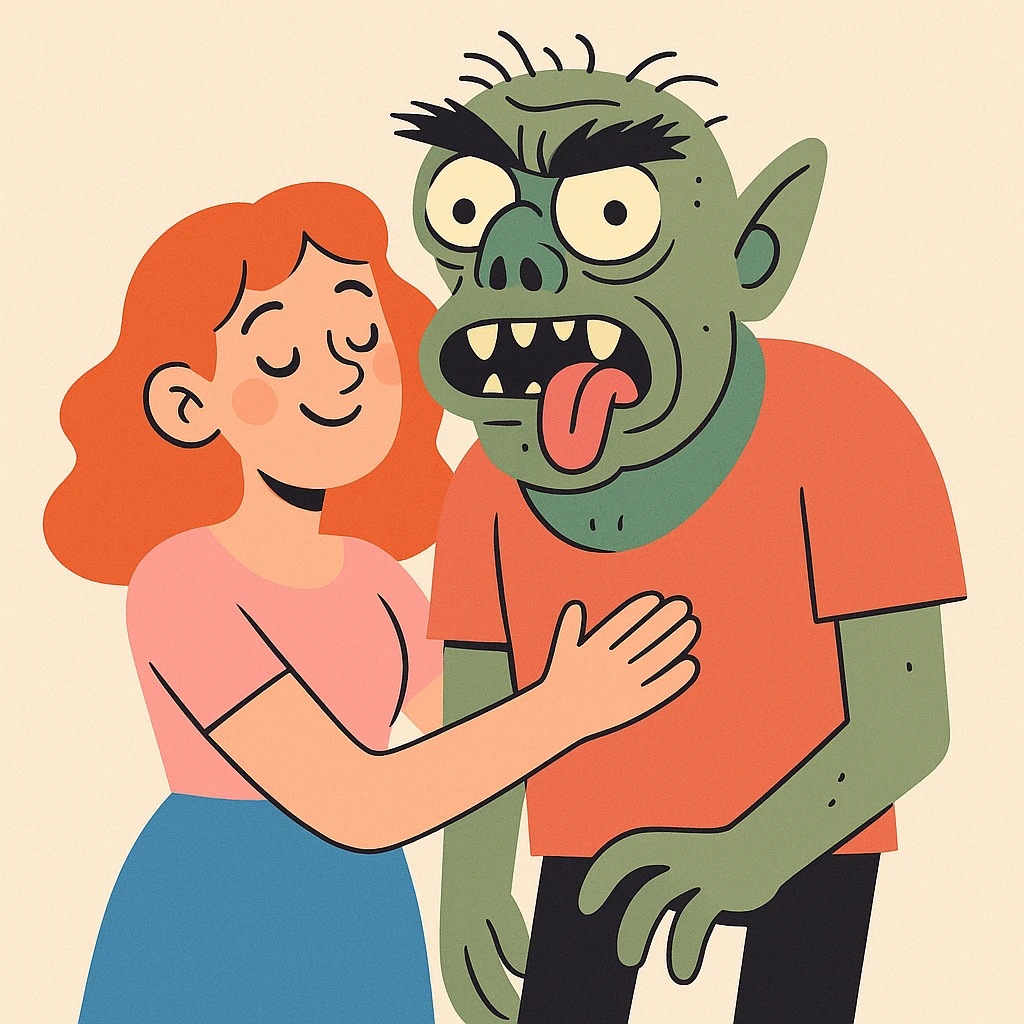 cartoon style girl with boyfriend, ugly and scary, exaggerated proportions emoji