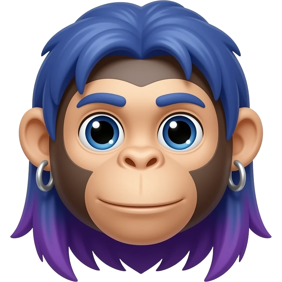 monkey with blue long purple hair and earrings face front emoji
