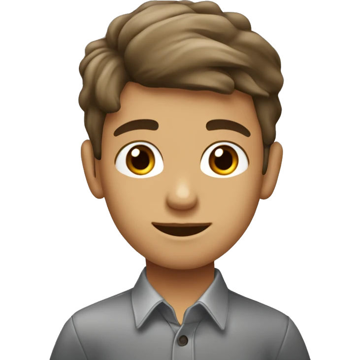 niño de 13 años con pelo cafe y camisa gris y hojos de color cafe emoji