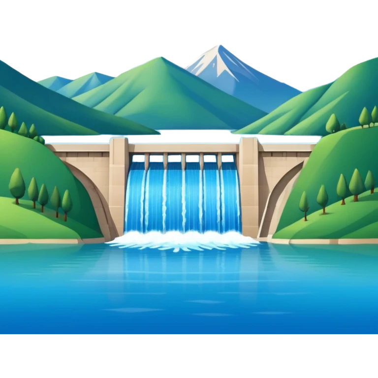 Emoji-style illustration of dam in front of mountain lake, flat vector look, bold outlines, minimal details, no background. emoji