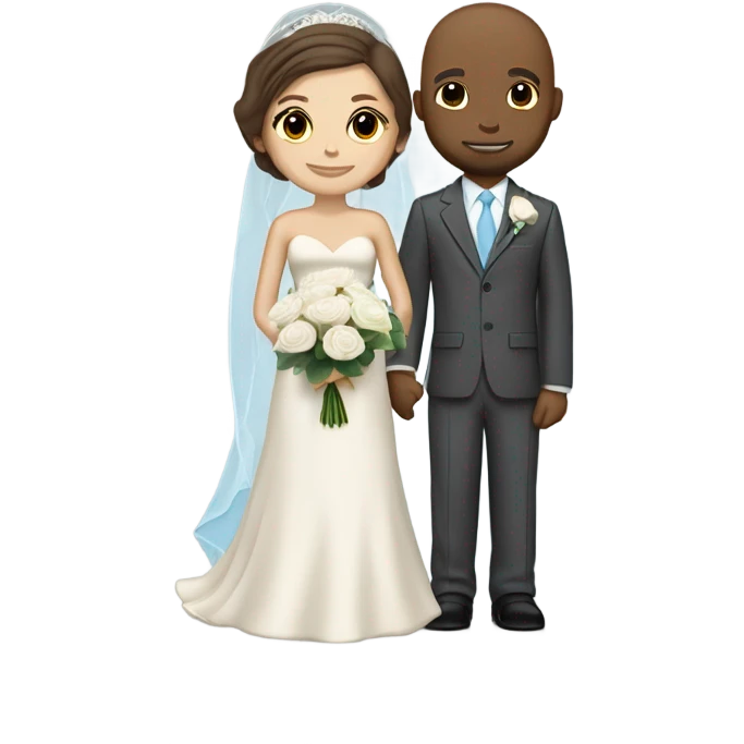 Light skin color grown wedding couple. Bride have short brown hair, she is wearing a long veil and is holding a white rose bouquet. The grown groom have also brown hair and is wearing a cream suit with a sky blue tie and breast pocket with a boutonniere emoji