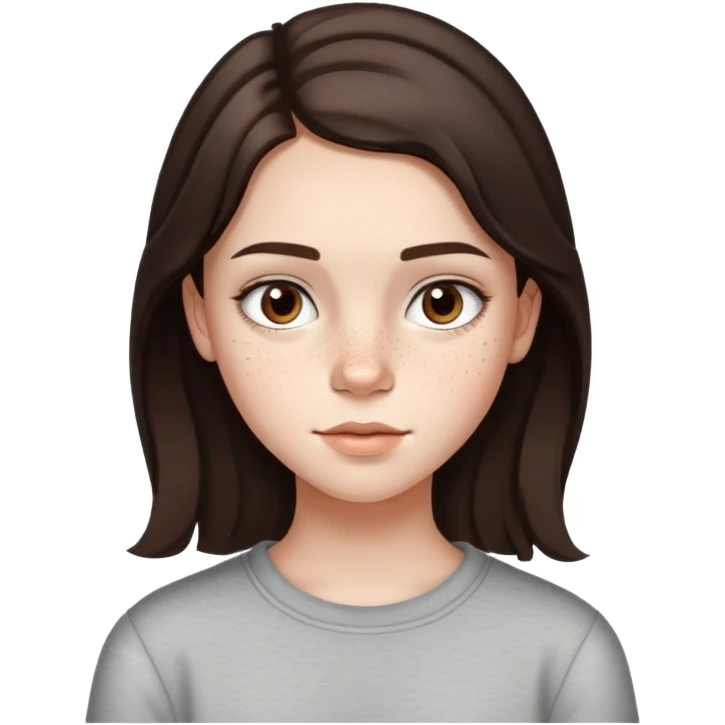 13 year old girl with mid length dark brown hair with minimal highlights, freckles, big forehead and nice lips emoji