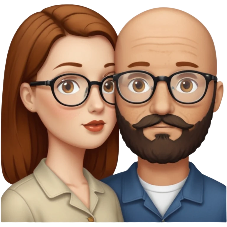 Couple. Bald man with dark brown-black beard. White woman with many small, faded freckles, she has white skin and she has auburn-brown-cinnamon, dark long hair. She has light brown eyes. The man have hazel eyes and glasses. She have light eyes. Retro style. She kisses him. emoji