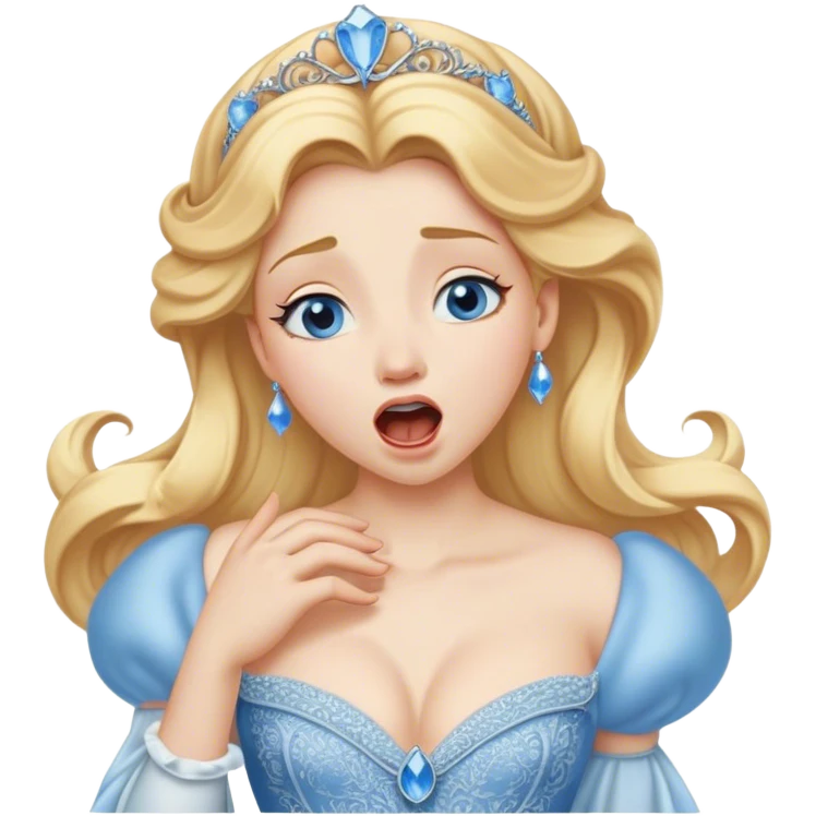 Cinematic Realistic Yawning Cinderella Portrait, showcasing lifelike porcelain skin and intricately detailed golden-blonde hair styled flawlessly as she mid-yawn reveals a moment of tender vulnerability. Her half-closed blue eyes and relaxed expression are rendered with natural, soft lighting that emphasizes the subtle textures of her face and the detailed, flowing fabric of her iconic gown. The scene glows with a cozy, authentic warmth that captures a rare, intimate moment of repose. emoji