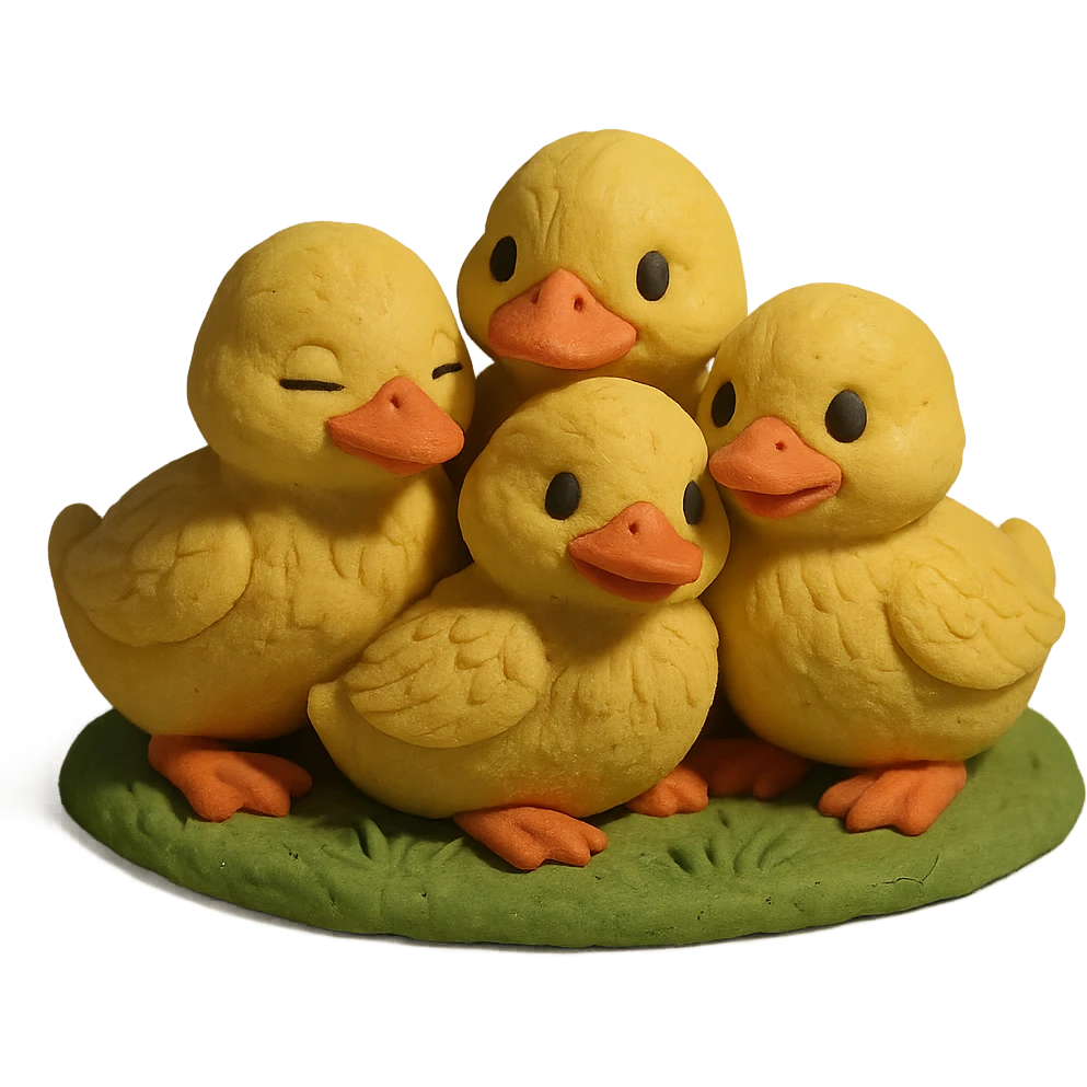 ducklings huddled together on grass, cozy and cheerful, detailed feathers, claymation style emoji