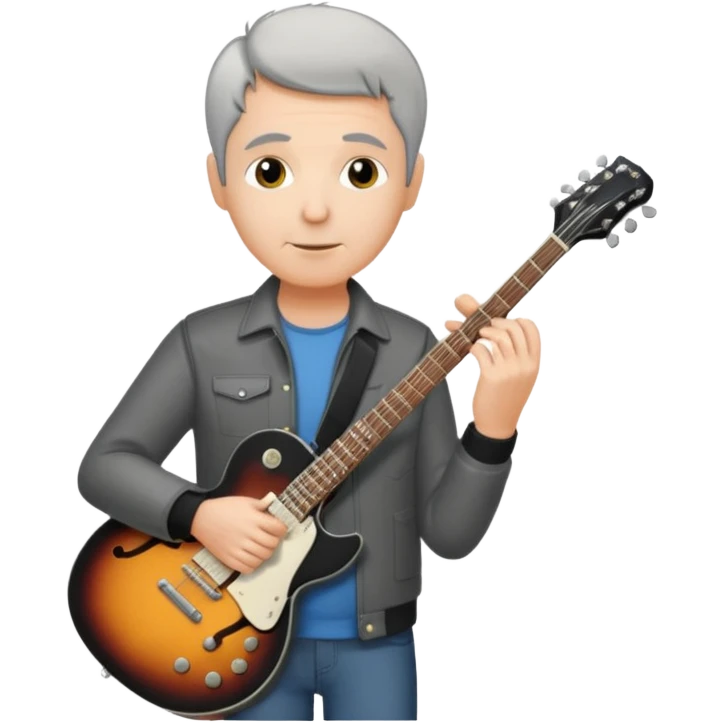a short grey hair, middle age metal head with a classic epiphone eletric guitar emoji