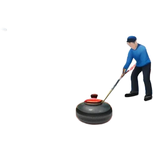 An icon showing a curling match on an indoor ice stadium, with a polished curling stone gliding toward the target and players sweeping. Spectators watch from stands, and flags hang above the rink. Transparent background highlights strategy and focus in the sport of curling. emoji