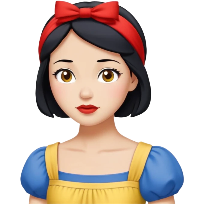 Snow White from hips up, blue top with yellow skirt, short black hair with red headband, minimal style but clearly recognizable emoji