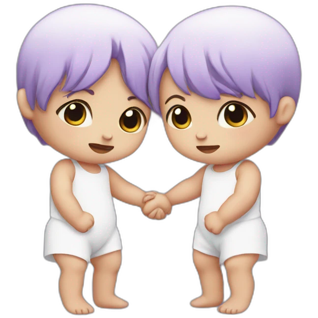 two crying white babies holding hands, one has purple hair emoji