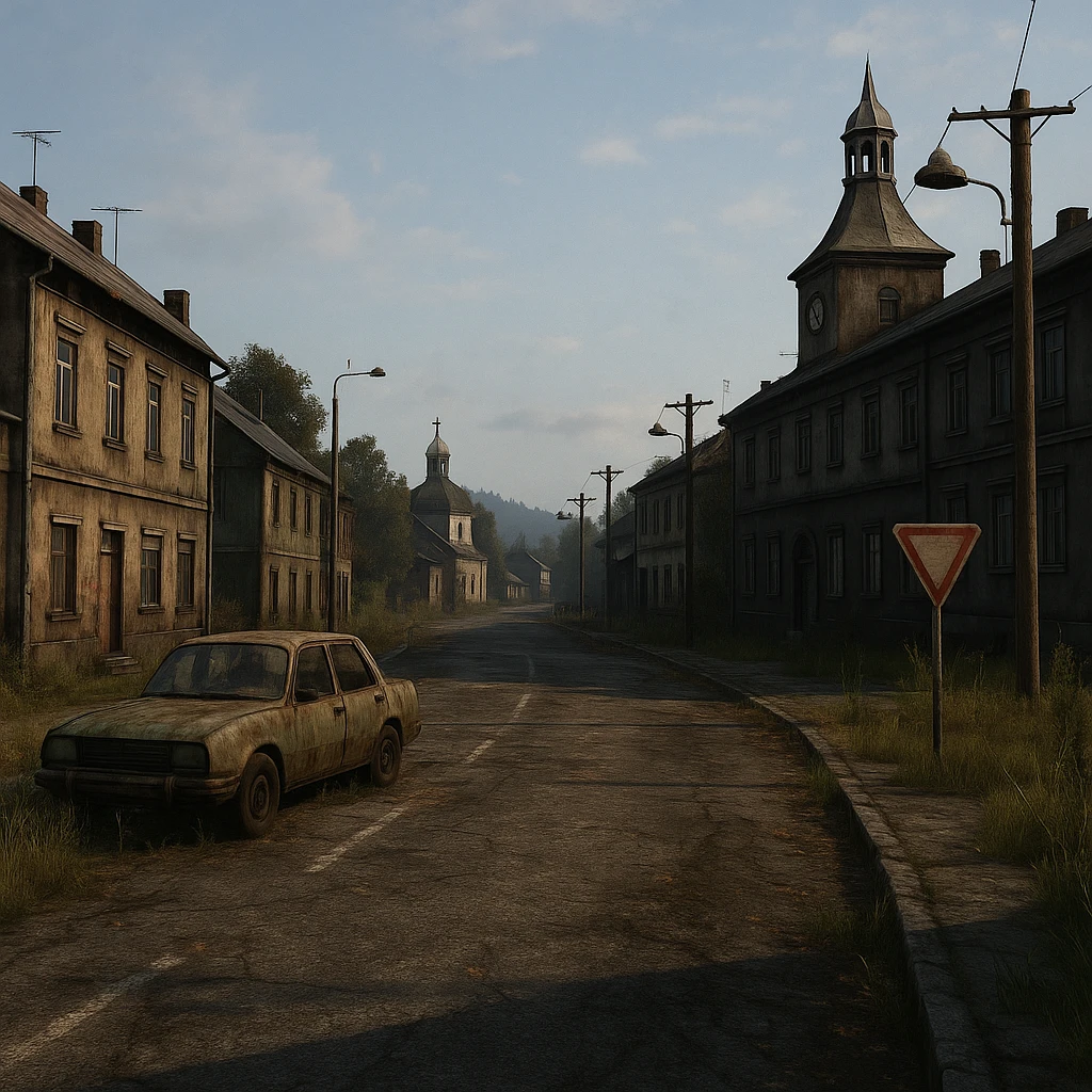 a view of the city street in a videogame: DayZ - in the town of berezino [no text contained in the image] emoji