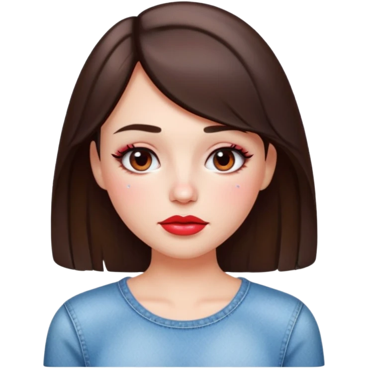 “Emoji brunette girl white top, dewy skin, heavy blush across cheeks and nose bridge, glossy cherry lips, soft eyeliner, teary sparkling eyes like hanni from new jeans emoji