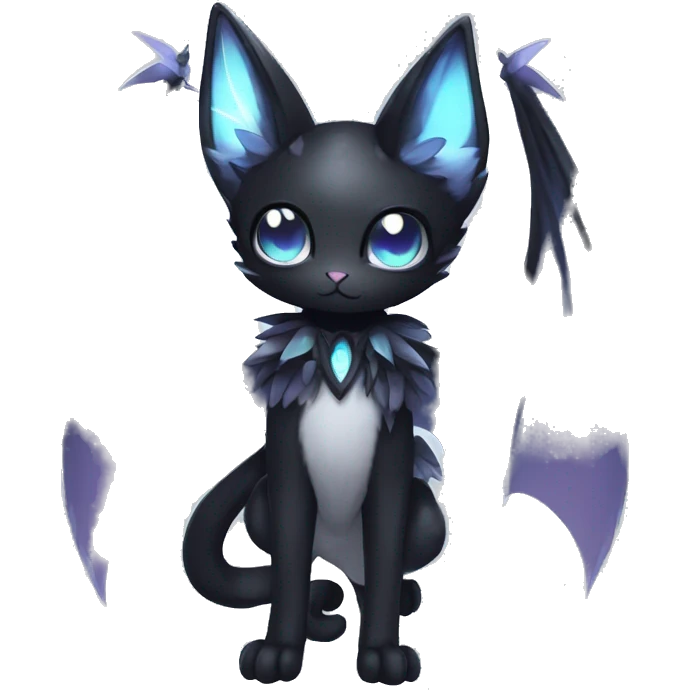 Shiny Shy Cool Black beautiful fantasy Kawaii Ethereal Sona Fakemon-cat-animal with bat-wings-ears Full Body emoji