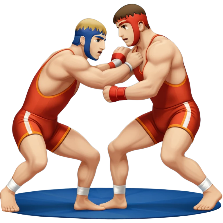 An icon symbolizing Greco-Roman wrestling, showing two wrestlers locked in a powerful grip, focusing on upper-body techniques. The background features a wrestling mat, with the athletes wearing traditional singlets. Transparent background highlights the strength and skill of the sport. emoji