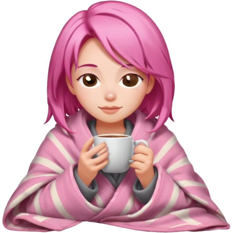 girl inside a blanket sipping coffee eyes closed pink hair emoji