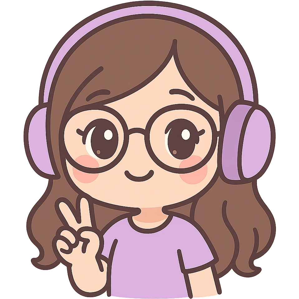 female brunette with glasses and a purple gaming headset, chibi style, making a peace sign emoji
