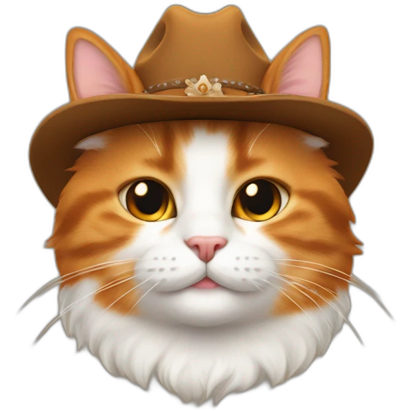 pure orange small chubby smiling hairy japanese bobtail cat while wearing a brown cowboy hat with the ears poking out of the hat emoji