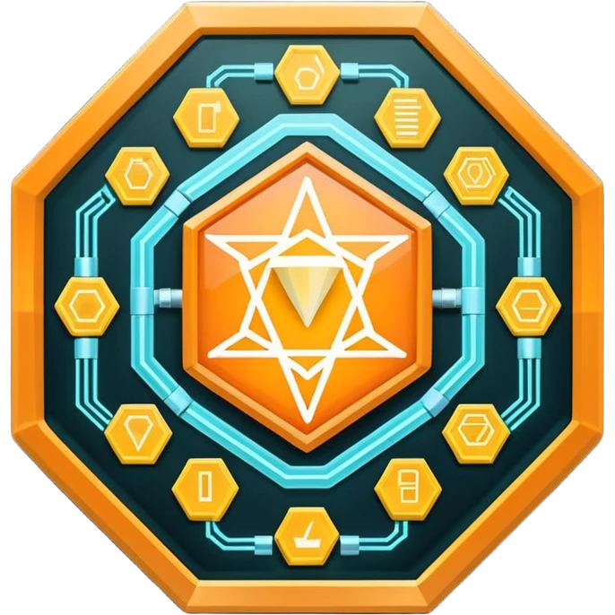 Futuristic reward points icon with PFD in the middle, diamond or hexagon shape, circuit board lines, Bloomberg terminal aesthetic, gold orange phosphor glow on dark background, minimalist geometric, no text, fintech style, clean edges, professional icon design emoji