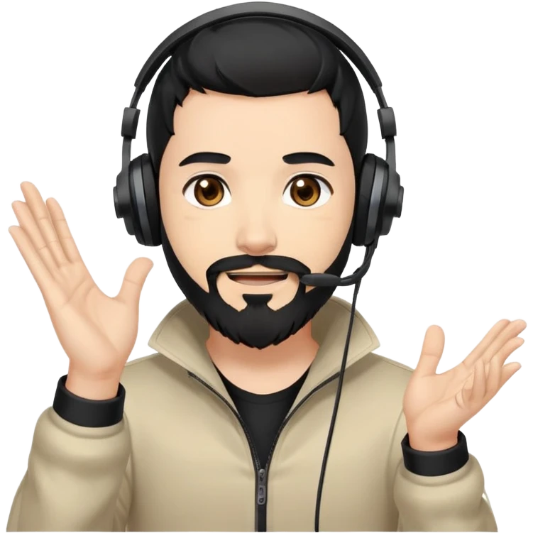Anime style man with black hair, brown eyes, and black beard wearing gaming headset and applauding, anime art style emoji