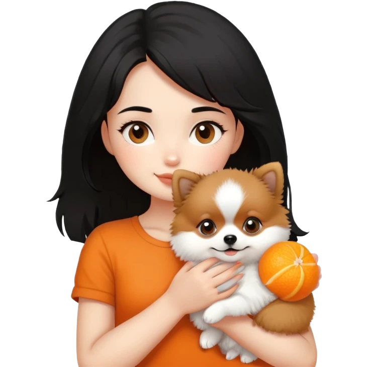 A black haired girl with holding a pomeranian puppy emoji