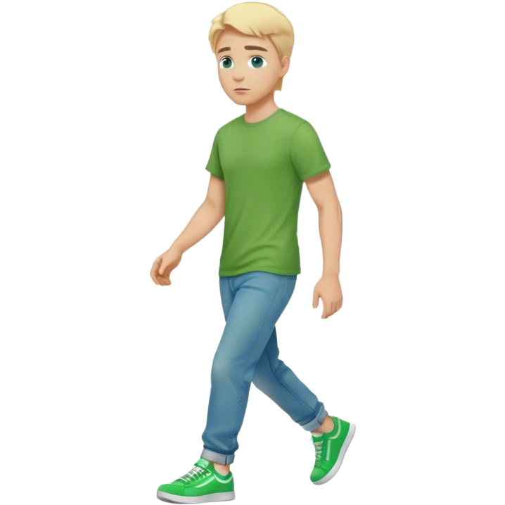 A cinematic realistic blond man with blue eyes, dressed in wide jeans, a green T-shirt and sneakers, is walking emoji