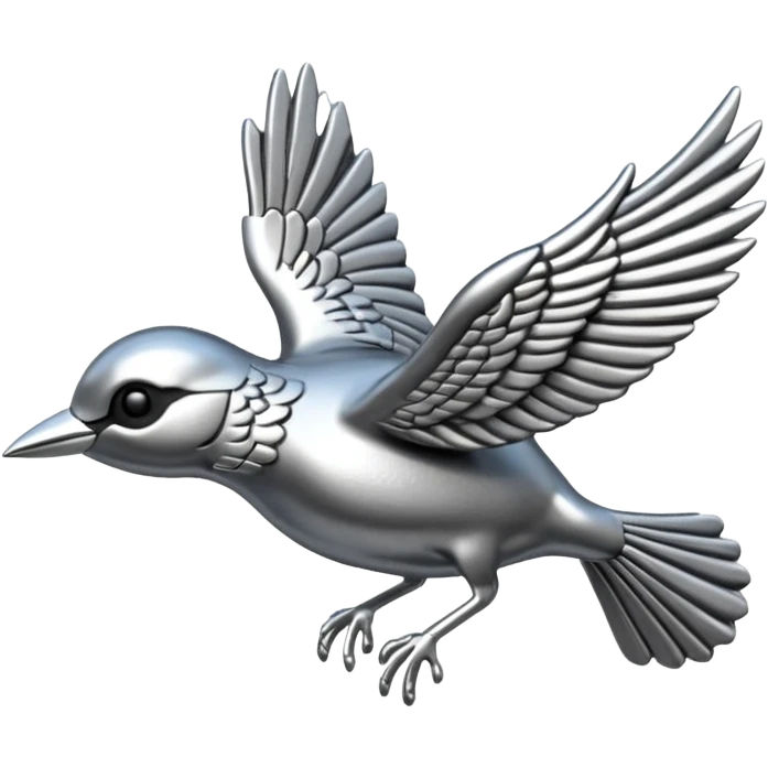 A cast metal pin depicting a silver wren in flight emoji