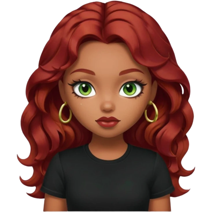 a pretty fair bratz girl with wavy dark red hair, wearing a black tee. eyeliner on, forest green eyes. Waist up emoji