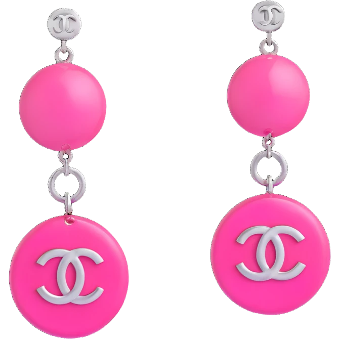 Remove any pearl elements, keep as glossy pink 3D emoji-style drop earrings with a small silver Chanel logo charm, elegant, with no background. emoji