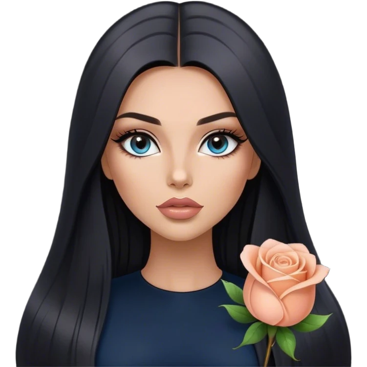 Glamours, tanned, very beautiful girl, with big pump peach-beige-rose lips, long long lashes, black straight smooth silky long hair, straight parting hair, blue-grey eyes in black clothes emoji