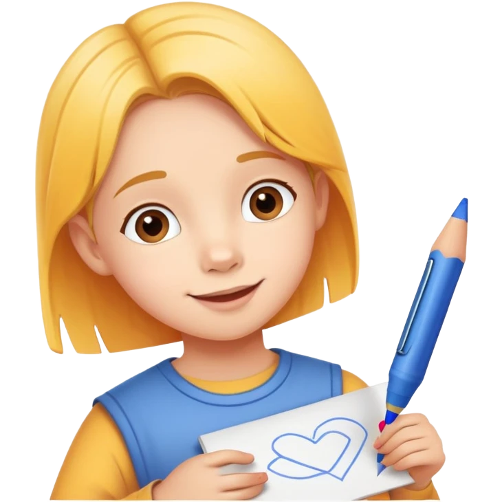 child drawing with crayons on paper, cheerful and creative emoji