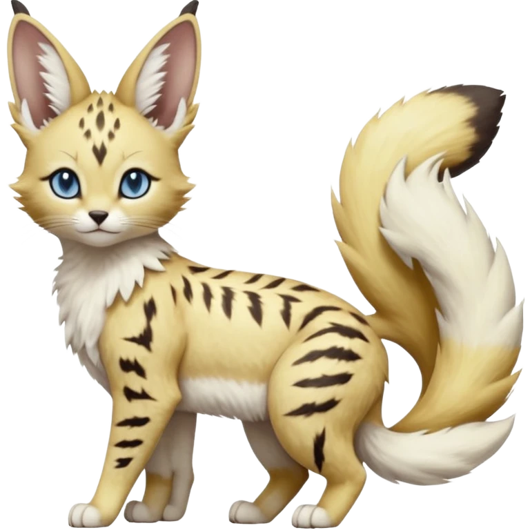 Albino-white, blue-eyed soft natural realistic romantic vintage antique divine beautiful elegant pretty precious cute young youthful  Fakémon-Pokémon-feline-Zeraora-Jolteon-serval-caracal-chinchilla-Minccino-Cinccino-Meowstic-rodent-hybrid-creature with a big fluffy bushy tail (full body) emoji