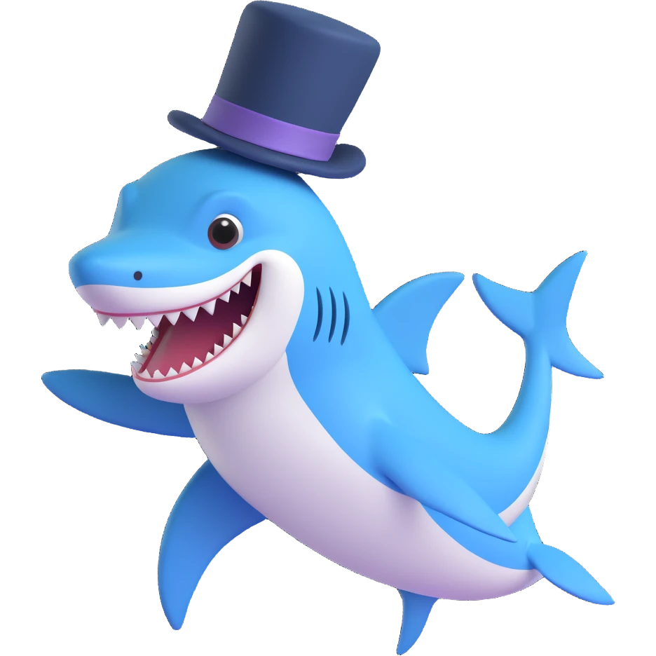 cute blue shark in a top hat waving a fin cheerful expression emoji