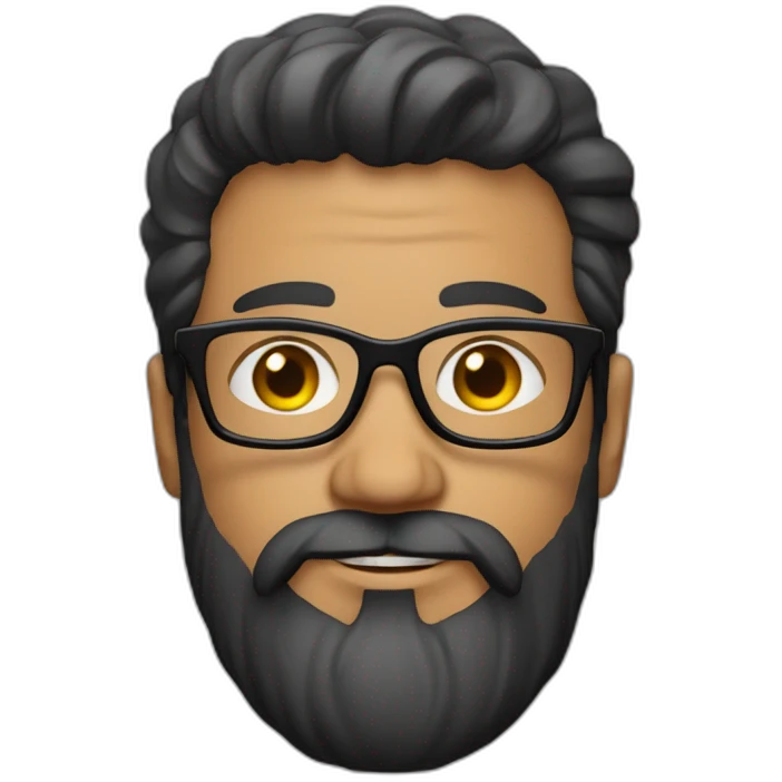 White man with a sun kissed tan. His hair is black, styled sideways backwards. He has a beard and mustache trimmed. Wears s black t-shirt and grey glasses emoji
