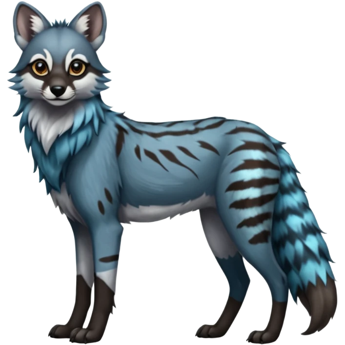 Realistic edgy bluish greyish blackish whitish silvery coppery Shiny Colorful Dusky Dark Gloomy Glossy Maned-Wolf-Genet-Lion-Bobcat-fusion-animal-hybrid-creature, full body, tufted ears, long thin tufted tail emoji