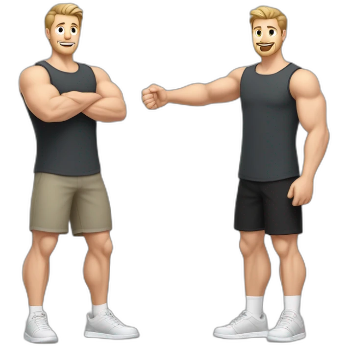 Full height Actively gesturing with hands Pale skinned Fit Man With the biceps and light brown hair with Bristle in dark gray Sleeveless Mike, black oversize sports shorts and white Sneakers emoji