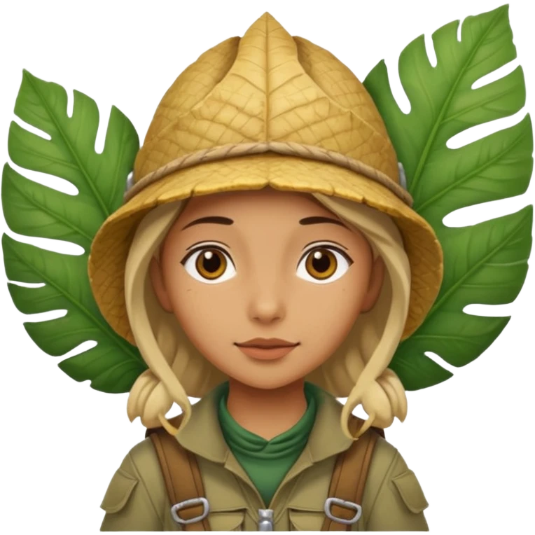 a young female explorer with jungle wearing a large leaf headgear bye  emoji