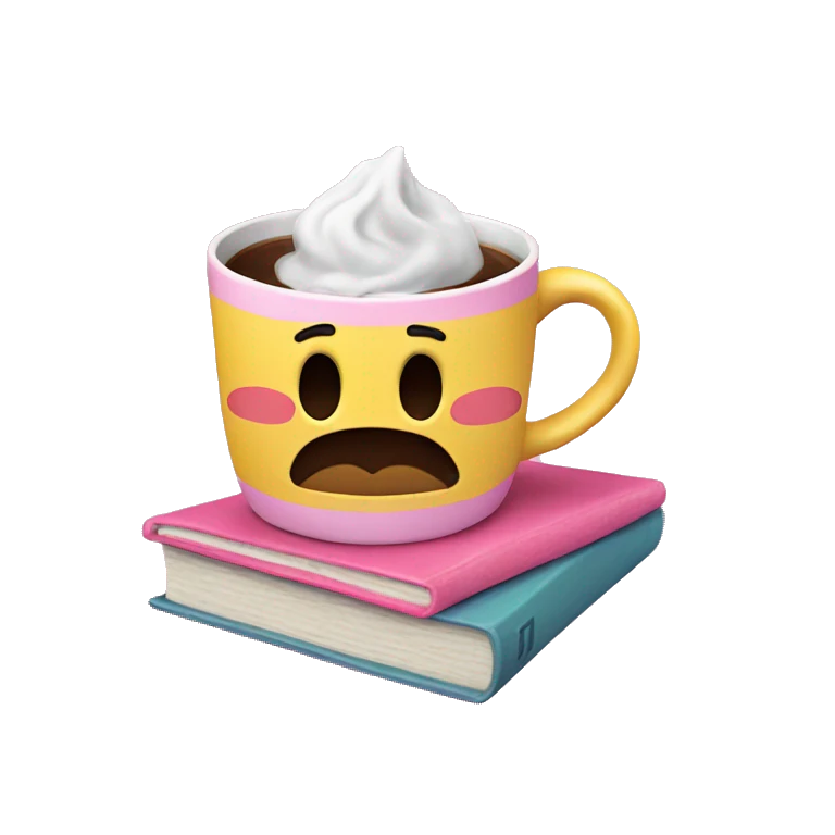 a coffee mug is standing on a pink book emoji