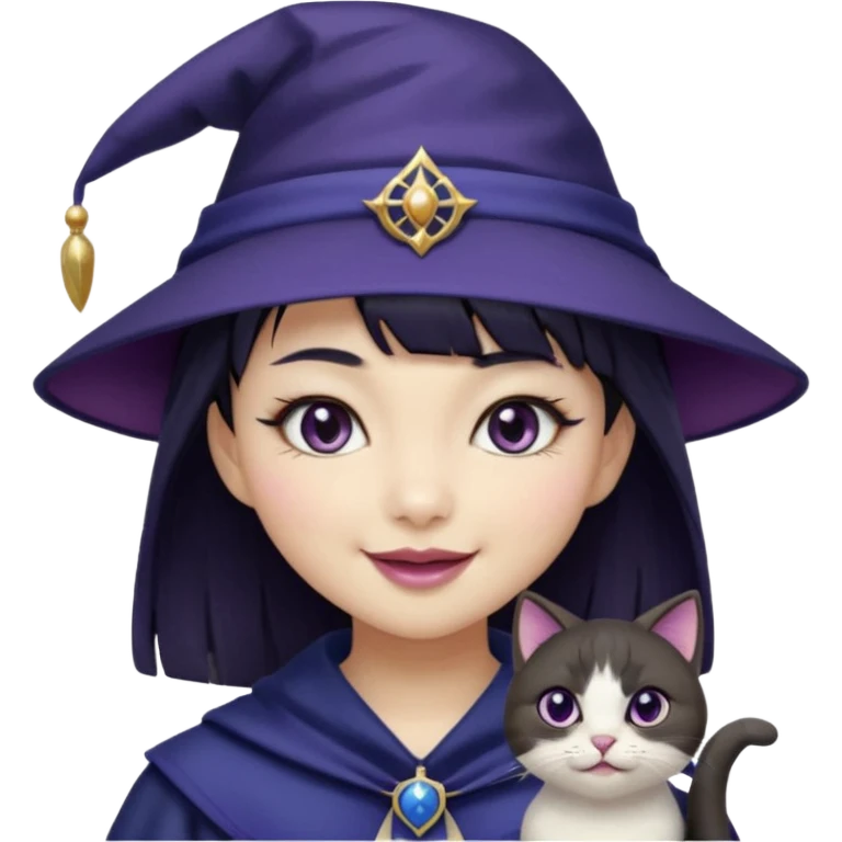 An Asian short-haired girl with short raven hair and bangs, with heterochromia eyes(her left eye is silver coloured and her right eye is dark brown coloured), cat-eyed eyeliner, and laughs with a tiny fang of mauve-toned lipstick, wears a dark navy wizard hat with an emblem on it. emoji