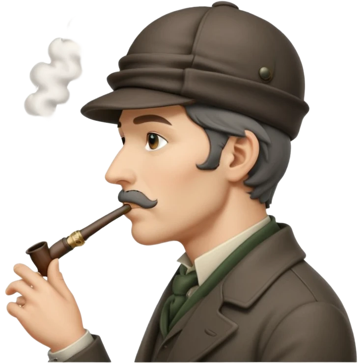 A side view of Sherlock Holmes wearing a deerstalker hat with a curved meerschaum pipe held to his lips emoji
