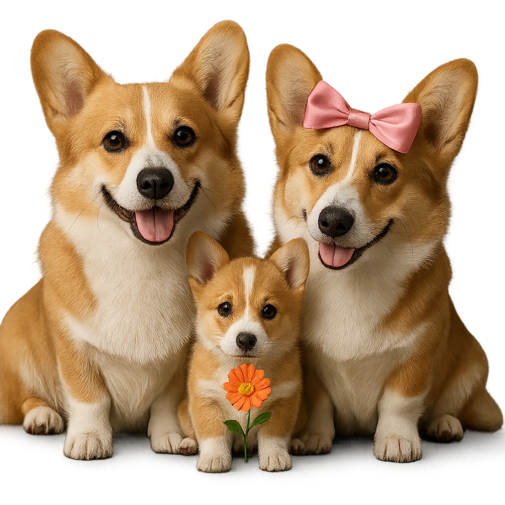 Make the corgi family look realistic in the photorealistic style similar to the provided photorealistic corgi reference, with a transparent background. emoji