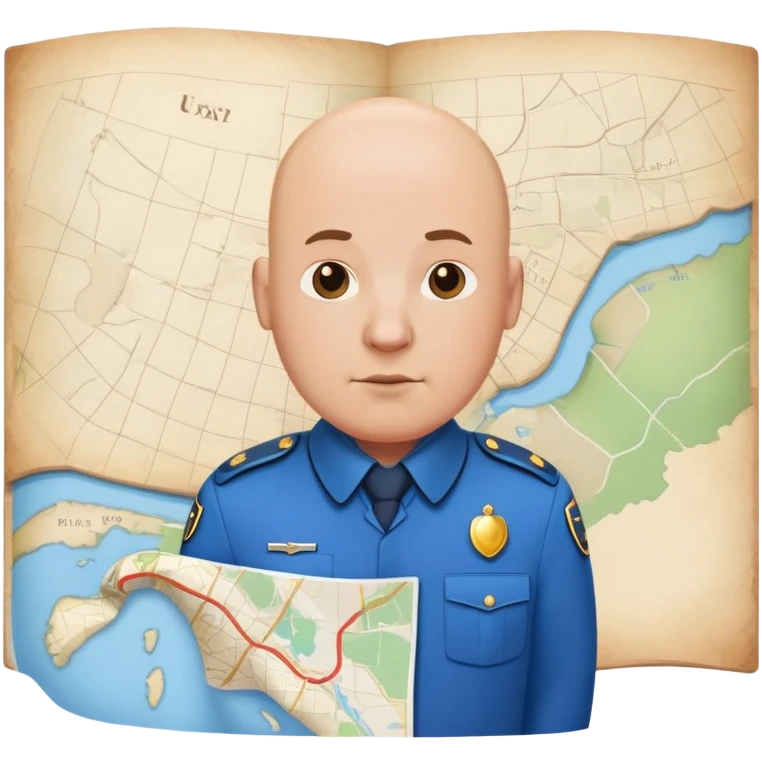bald a bit fat man in a blue uniform stand before a map emoji