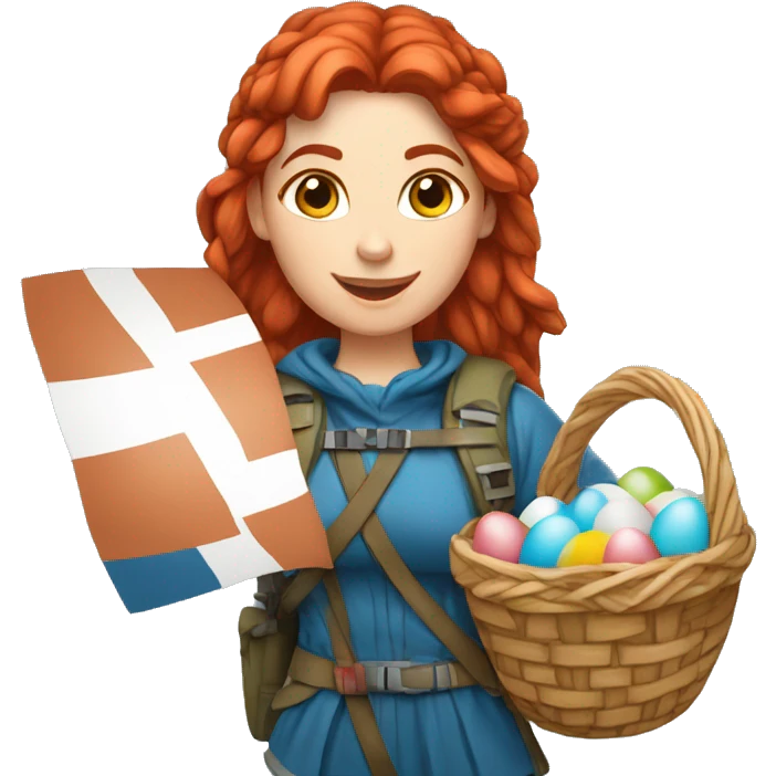 Greek Female winter mountaineer red hair white skin climbing with Greek Flag and Easter eggs basket emoji