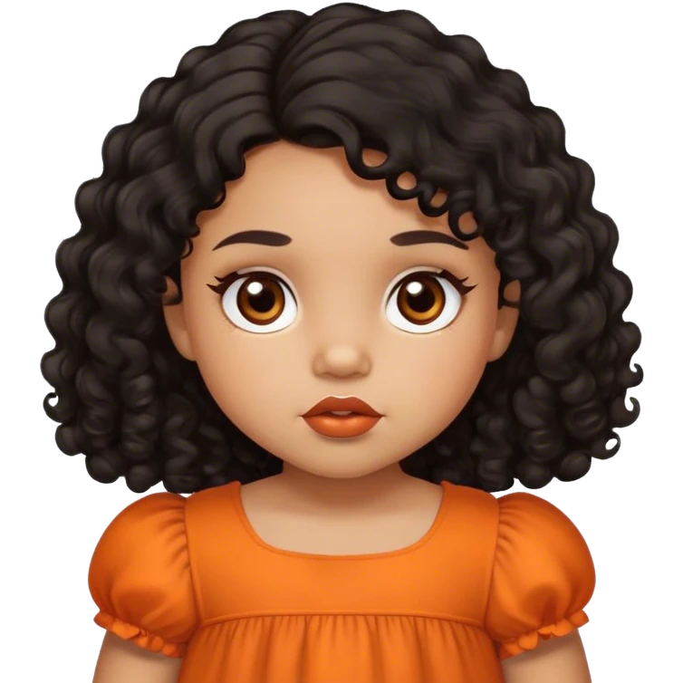 light brown skin tone, very adorable toddler, with big plump lips, long long lashes, black curly hair, middle hair parting, brown eyes, orange dress emoji