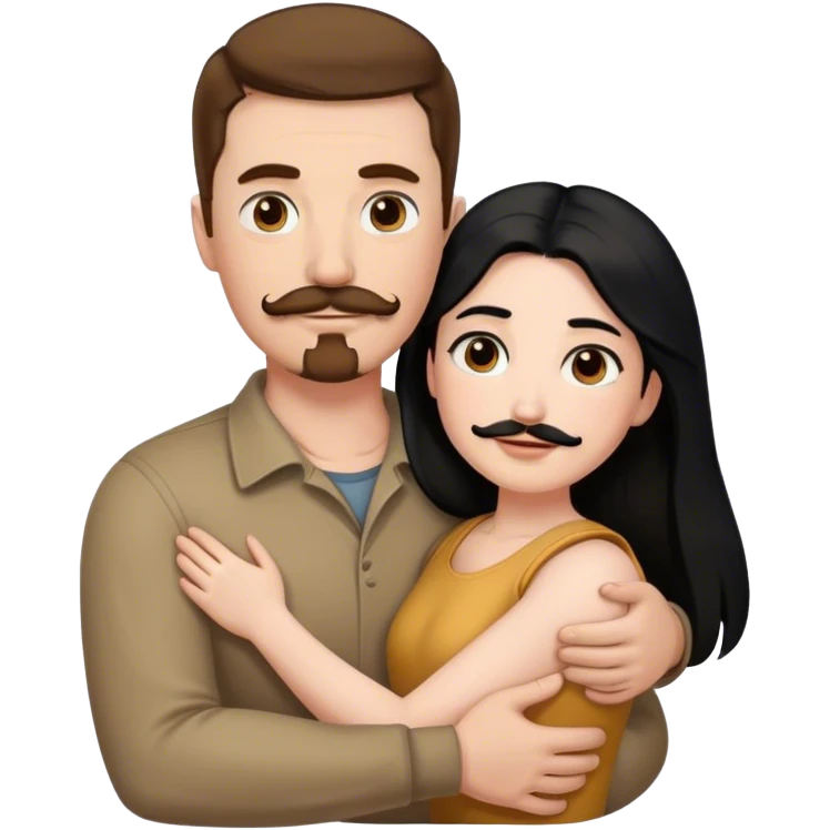 Couple, Tall strong white man with brown hair mustache and goatee, hugging small pale woman long with black hair emoji