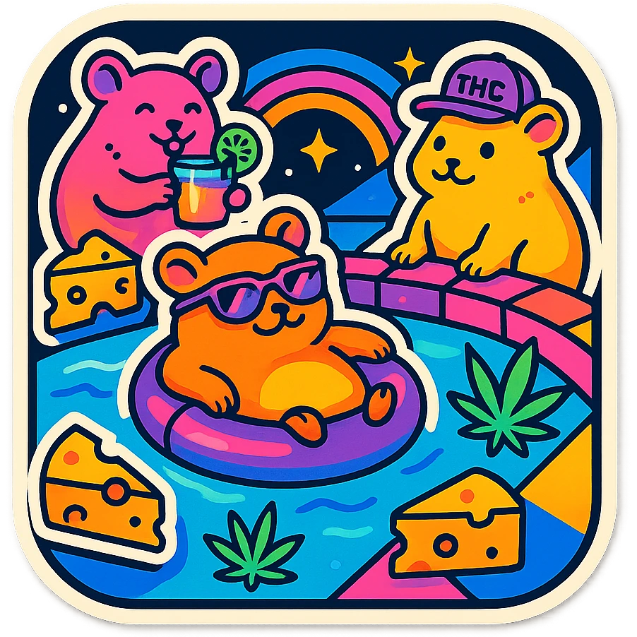 square Discord server icon, retro 80s/90s nostalgia style, hamsters at a pool party with weed leaves, cheese, THC details, neon colors, geometric shapes, playful bold outlines, centered clear fun composition emoji