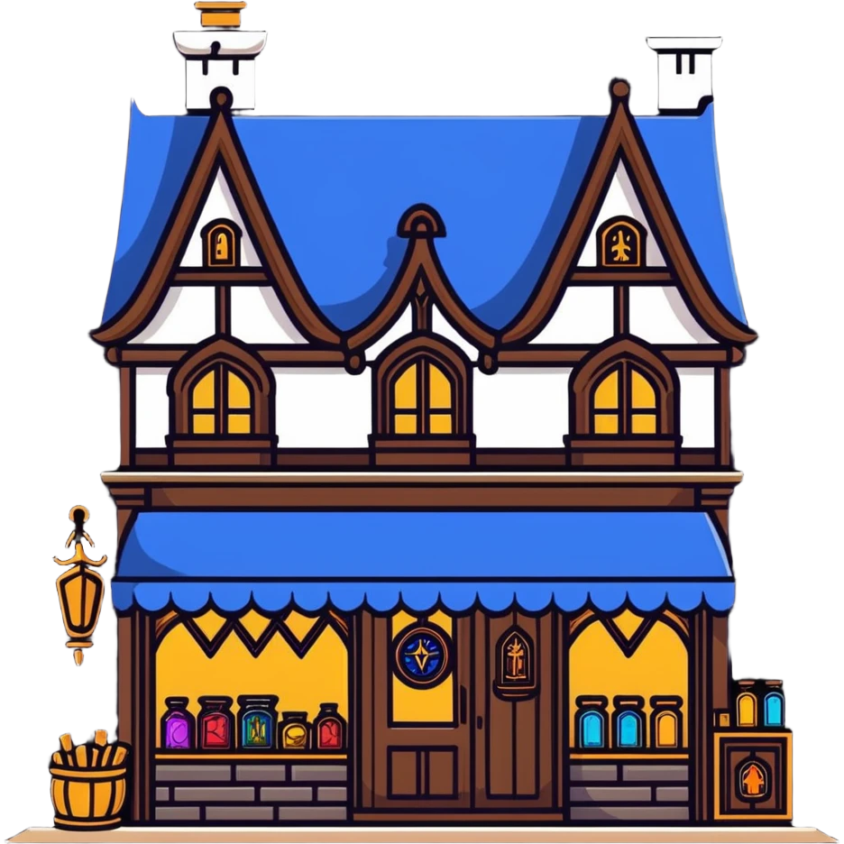 Fantasy merchant shop with medieval storefront and magical items displayed emoji