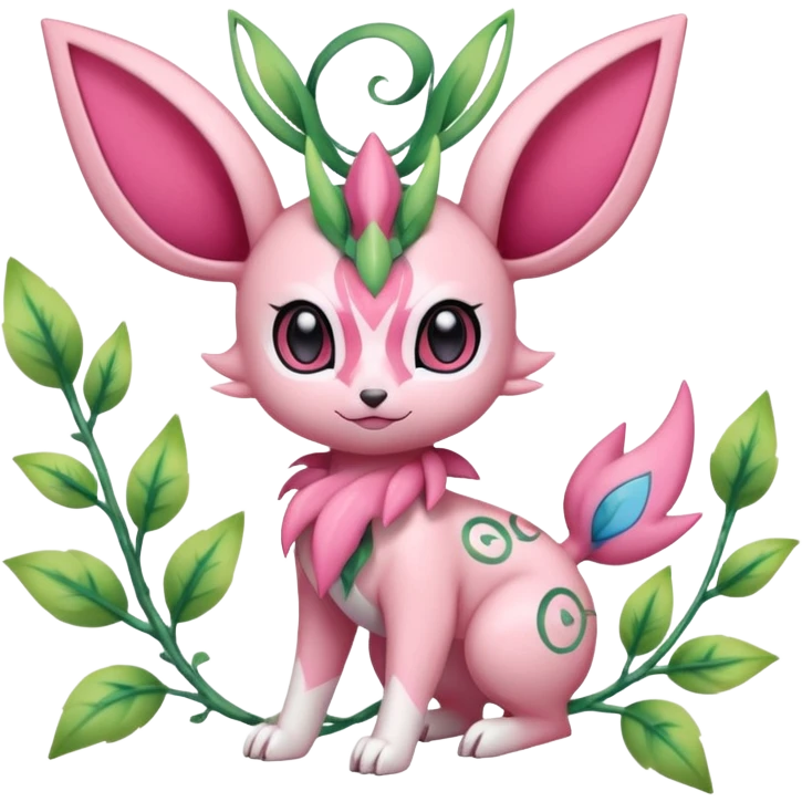 Rosy floral romantic cute Sylveon-Celebi-Leafeon-Pokémon-Digimon-Fakémon-hybrid-fusion-creature with vines entangled around emoji