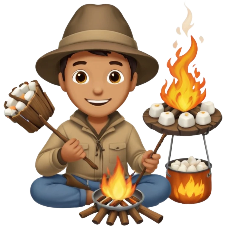 A man roasting marshmallows over the campfire with a warm grin. emoji