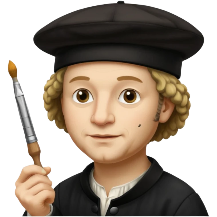 Rembrandt wear black beret hat, hold a brush emoji